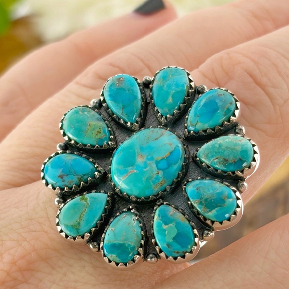 Southwest Jewelry - Pure Sterling Silver 925 Kingman Turquoise Cluster Ring 9.25 9 1/4 Navajo Style
